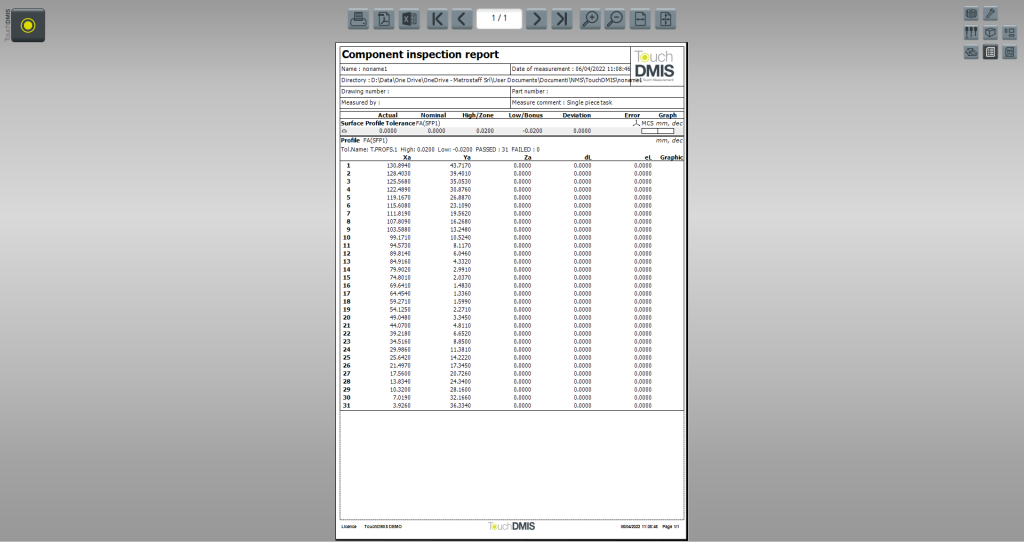 TouchDMIS Tabulated Report